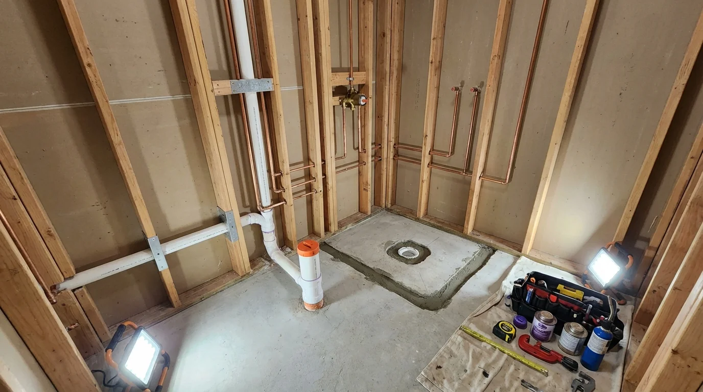 Bathroom rough-in plumbing during remodel by Johns Plumbing LLC in Emmett