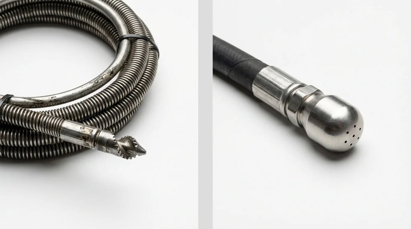 Drain snake cable and hydro jetting nozzle used for drain cleaning in Emmett, ID